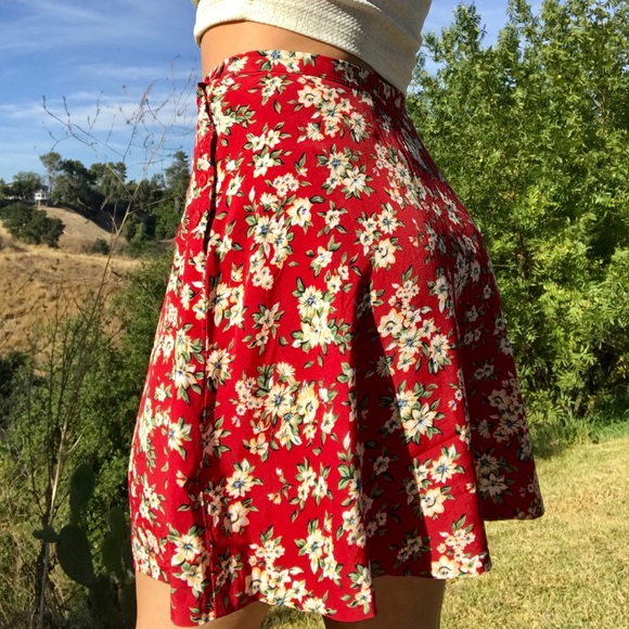 Red Floral Print High Waisted Skater Skirt, Small - Picture 2 of 4